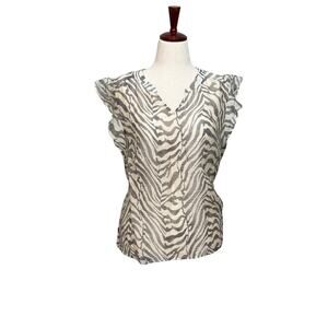 CAbi Savanna top cream gray taupe v neck short flutter sleeve lightweight Sz L